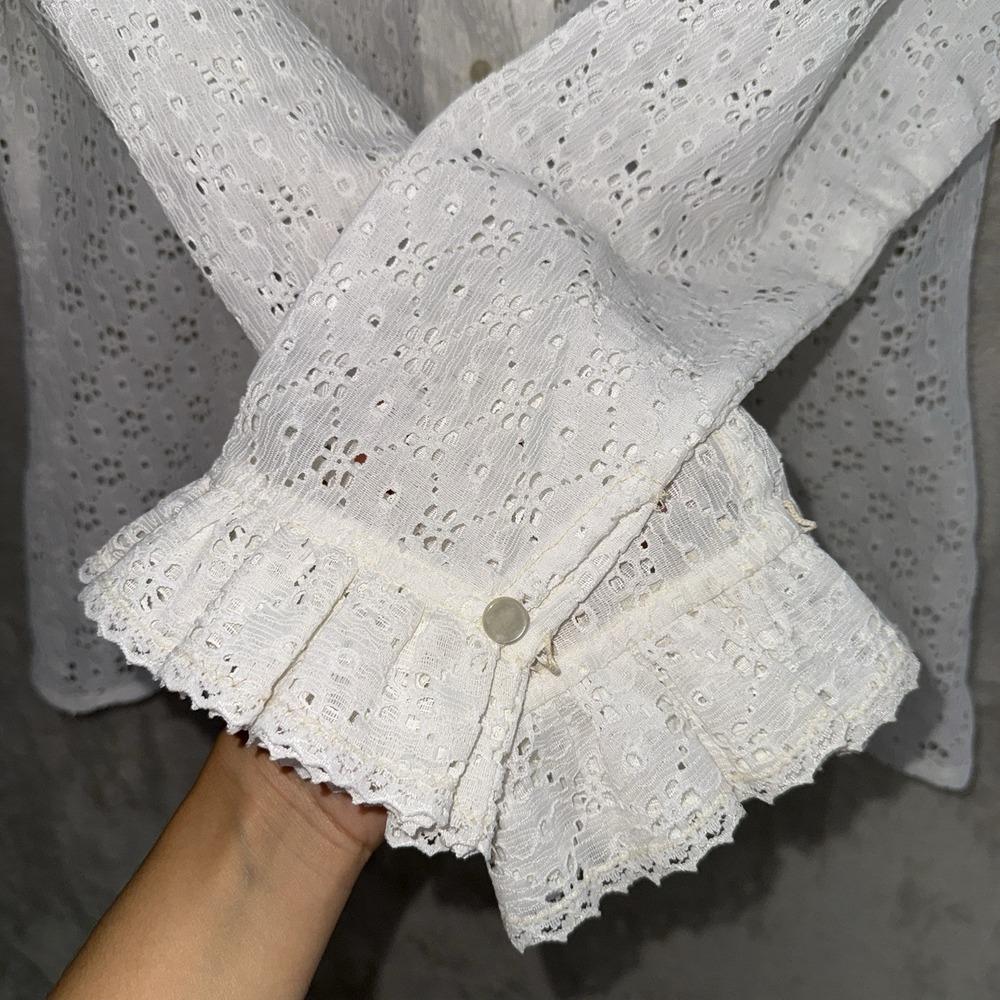 Women's VTG 70s Victorian Style Coquette White Ruffled Sheer Lace Blouse Large - Picture 5 of 11